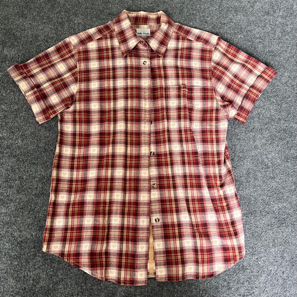 Bobbie Brooks Red Plaid Heart Print Short Sleeve Button Down Shirt vintage